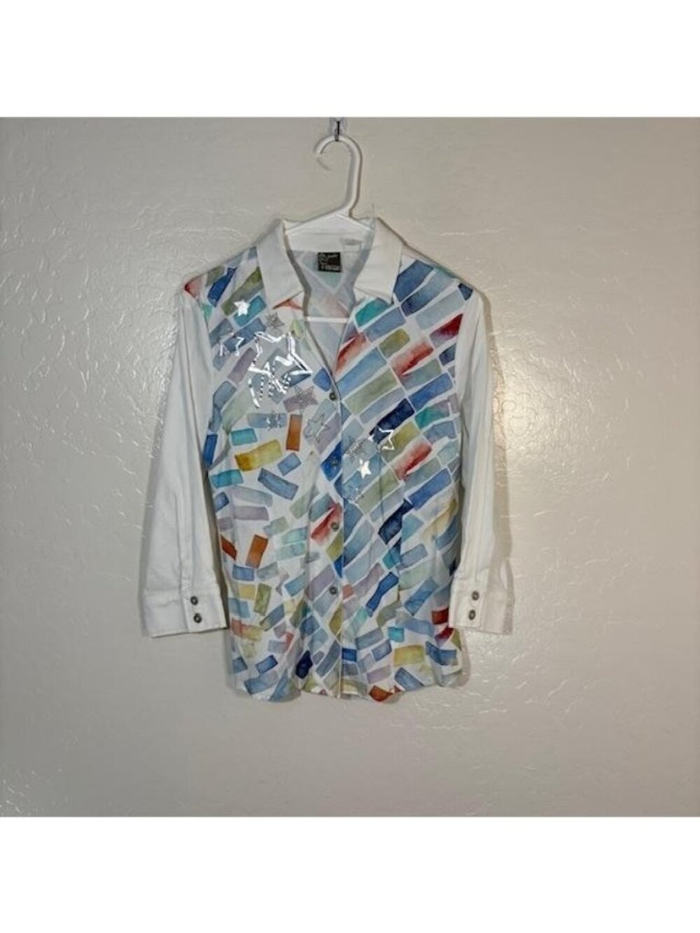 Dolcezza Simply Art Shirt Womens XS Multicolor Foil Star 3/4 Sleeve 21635